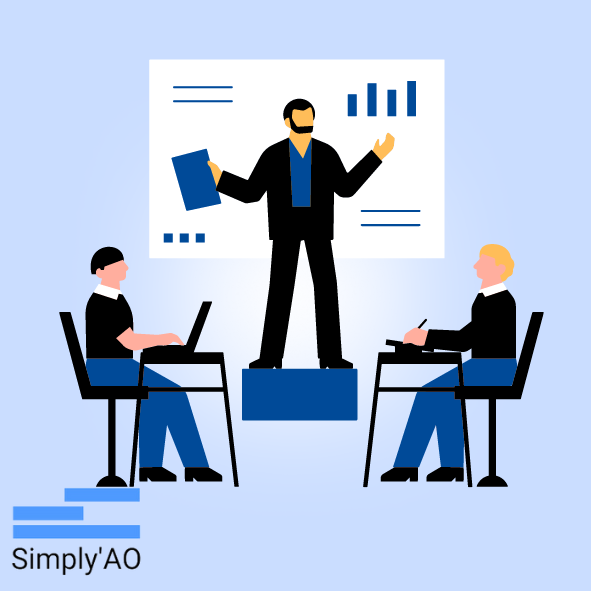 image d'illustration montrant un consultant en appel d'offres qui fait une présentation à ses clients. On retrouve aussi le logo Simply'AO