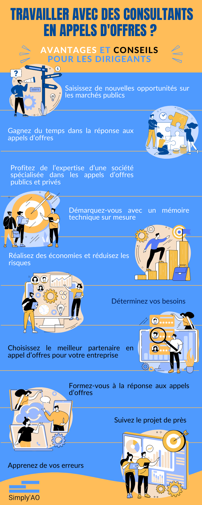 infographie listant 5 avantages à travailler avec des consultants en appels d'offres et 5 conseils pour les dirigeants d'entreprise