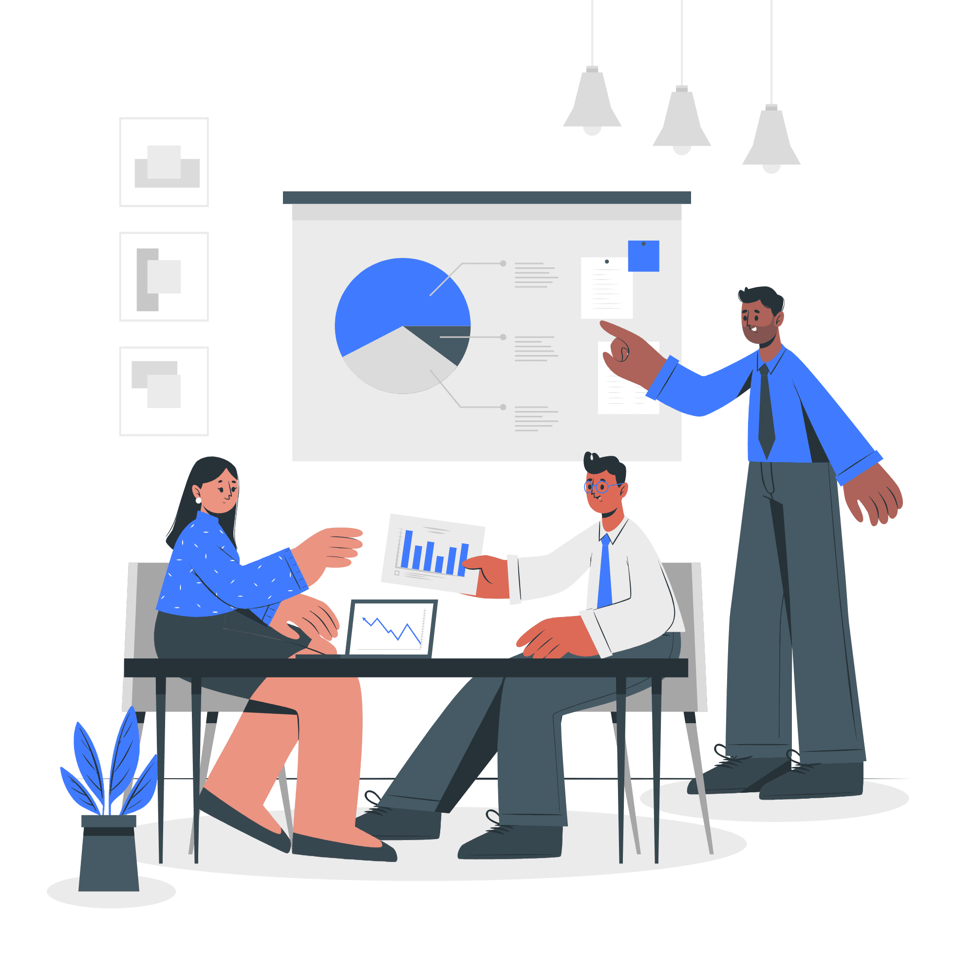 trois personnes discutent d'un graphique sur un mémoire technique pour une prestation de service