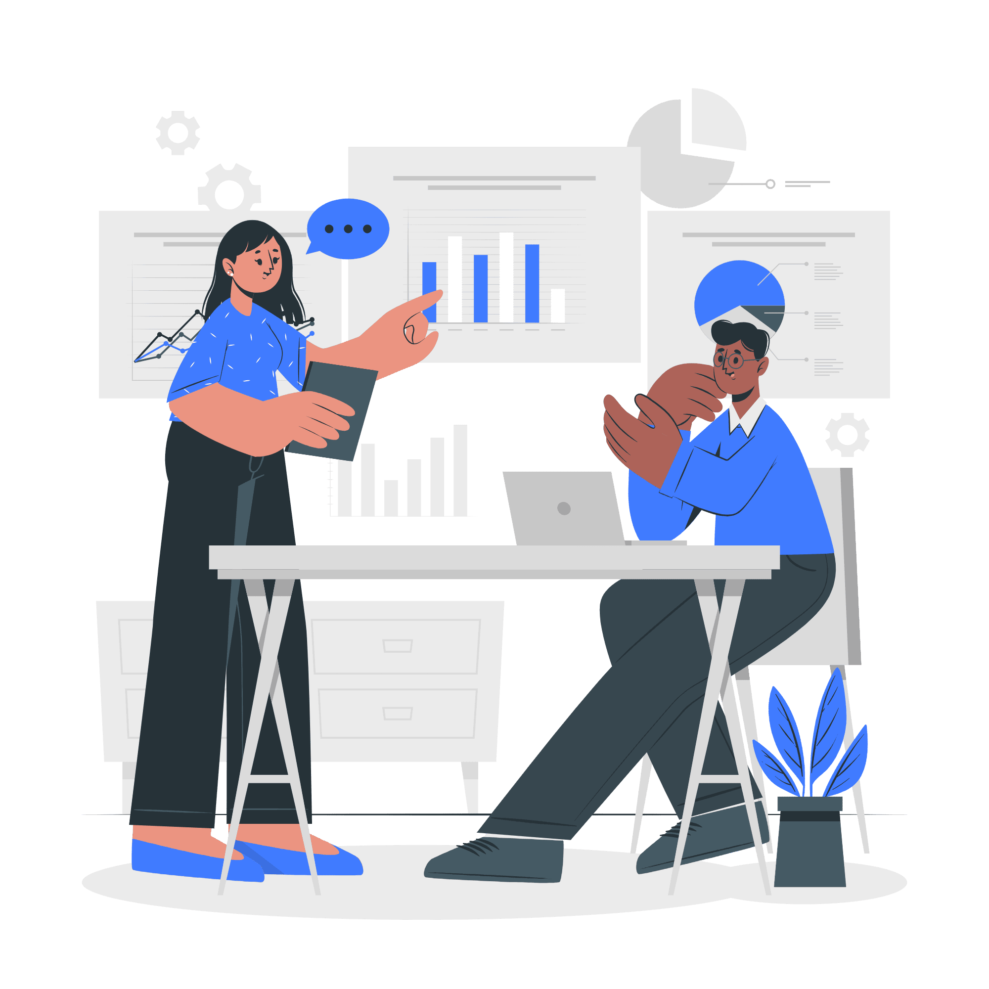 dessin d'une femme et d'un homme discutant d'un mémoire technique