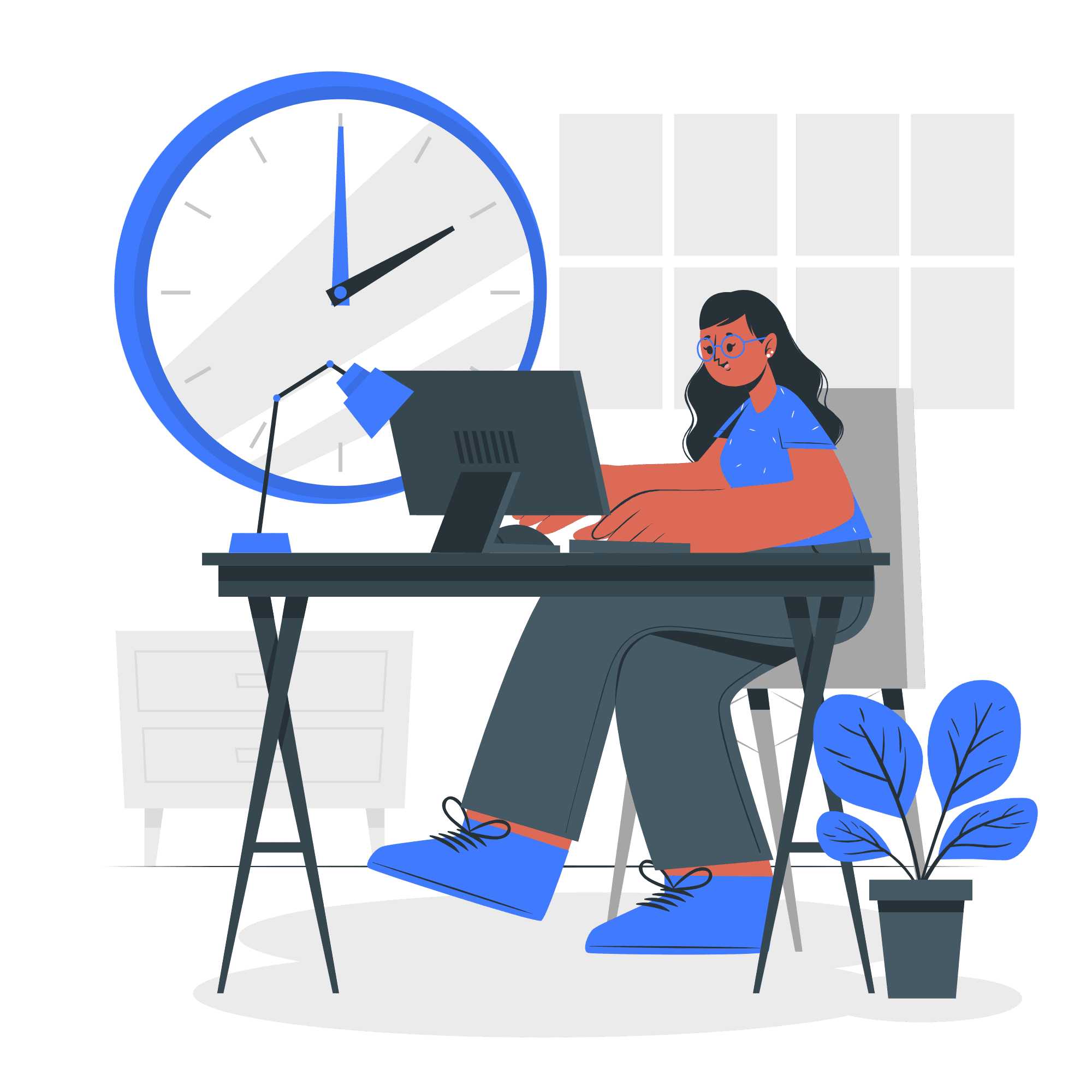 dessin d'une femme travaillant sur un ordinateur assise à un bureau