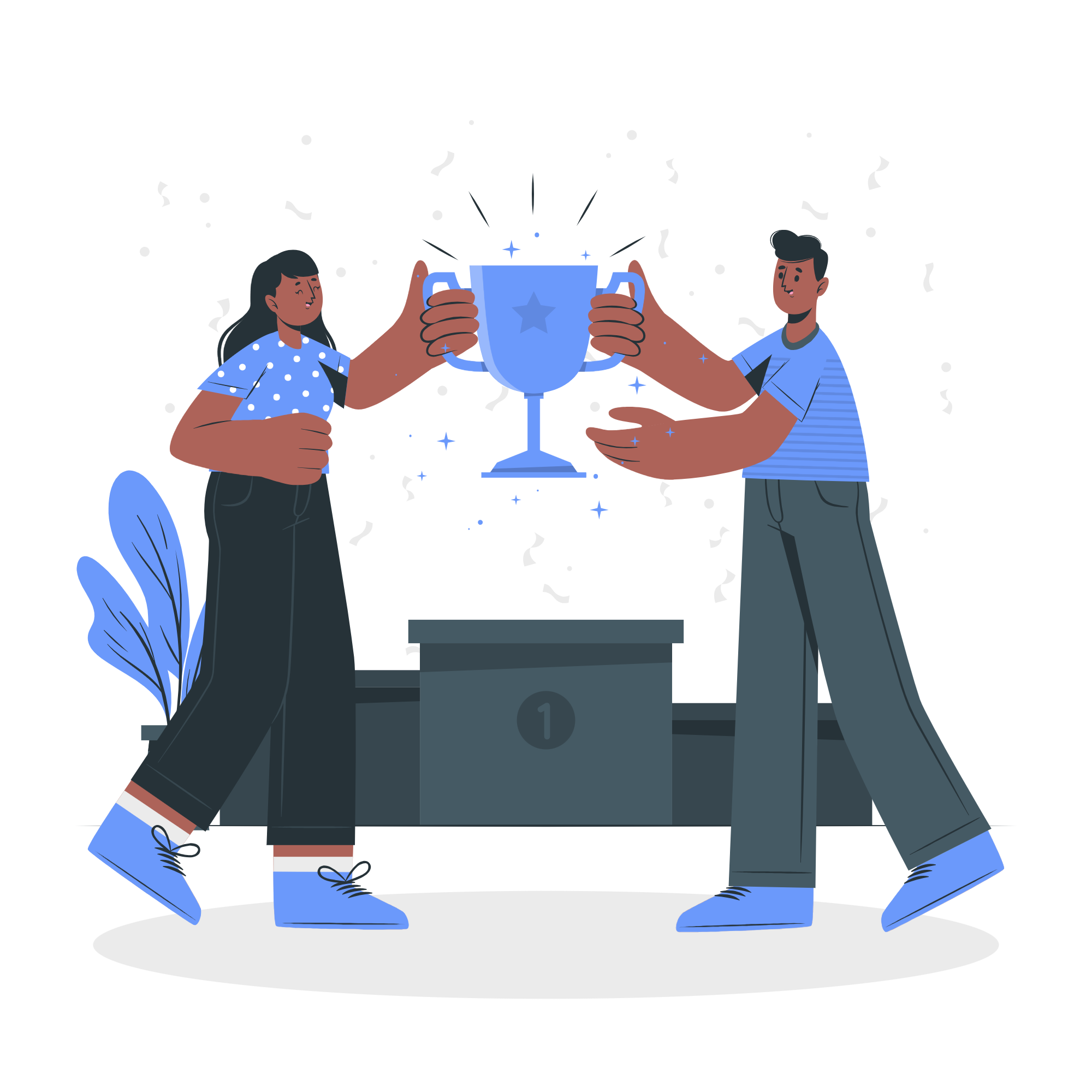 deux personnes tiennent un trophée après avoir gagné un appel d'offres