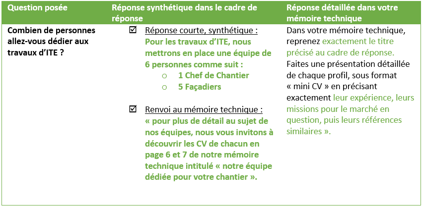 Tableau réponse cadre mémoire technique